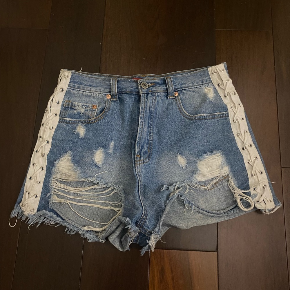 Distressed Tie Up Jean Shorts